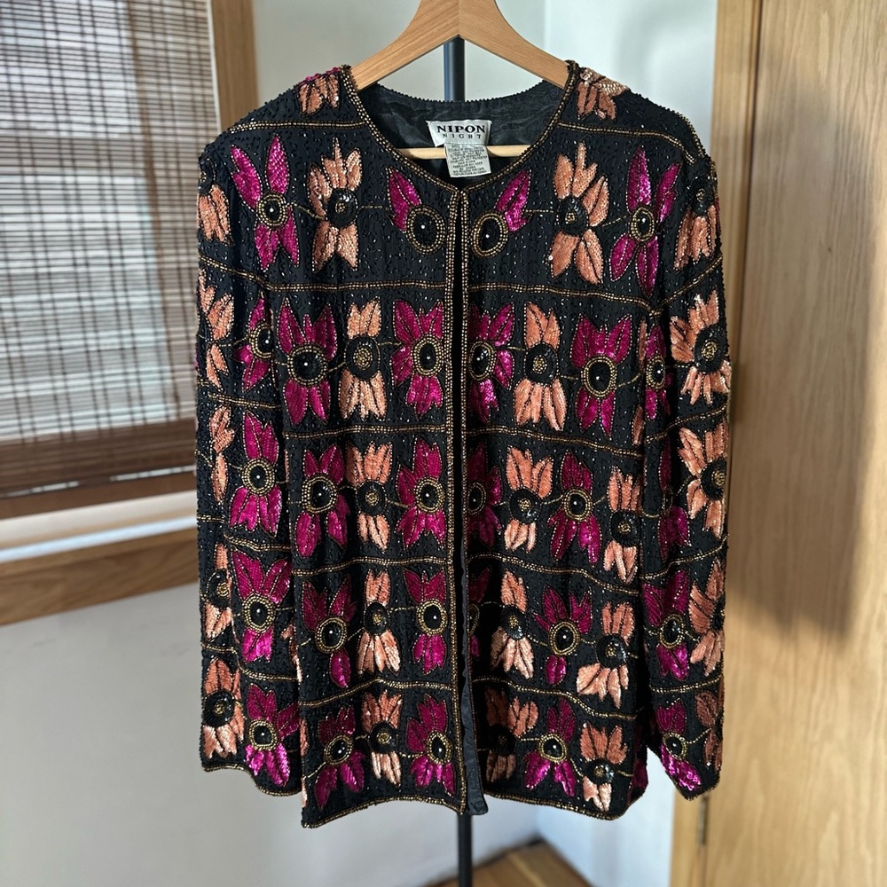 Nipon Night Black& Pink Fully Beaded Glitz Glittery Sparkle Jacket Size Med/Lg